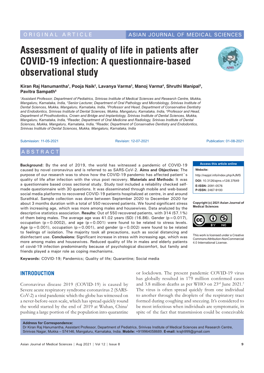 Assessment of Quality of Life in Patients After COVID-19 Infection: a Questionnaire-Based Observational Study