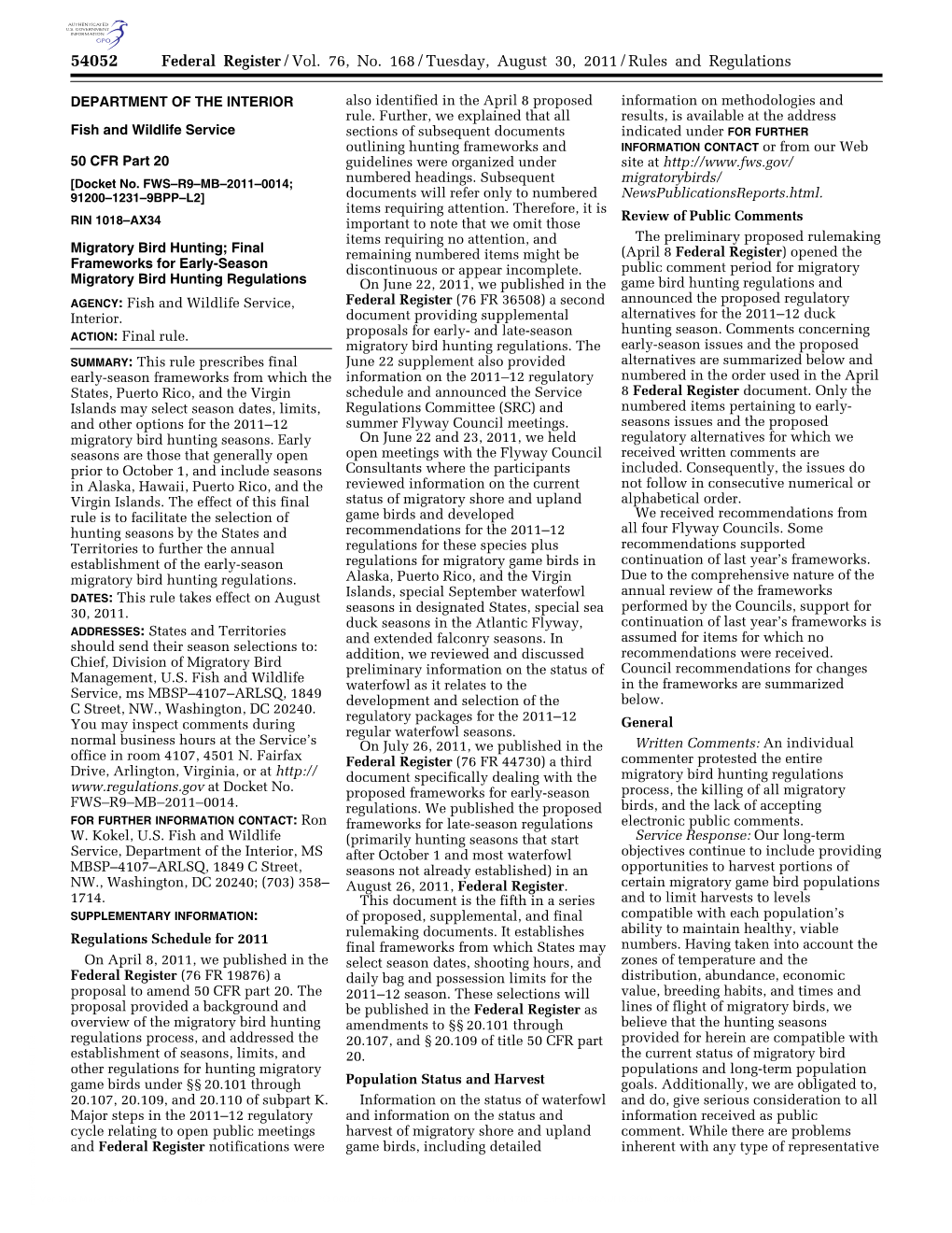 Federal Register/Vol. 76, No. 168/Tuesday, August 30, 2011/Rules and Regulations