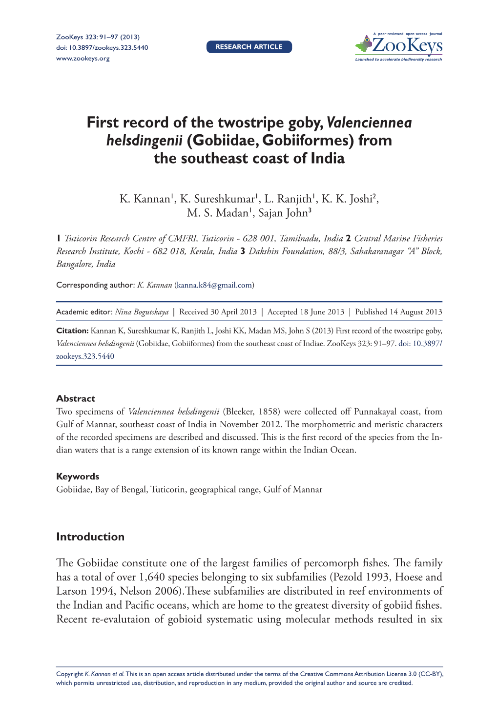 First Record of the Twostripe Goby, Valenciennea Helsdingenii (Gobiidae, Gobiiformes) from the Southeast Coast of India