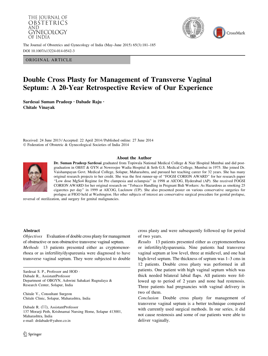 Double Cross Plasty for Management of Transverse Vaginal Septum: a 20-Year Retrospective Review of Our Experience