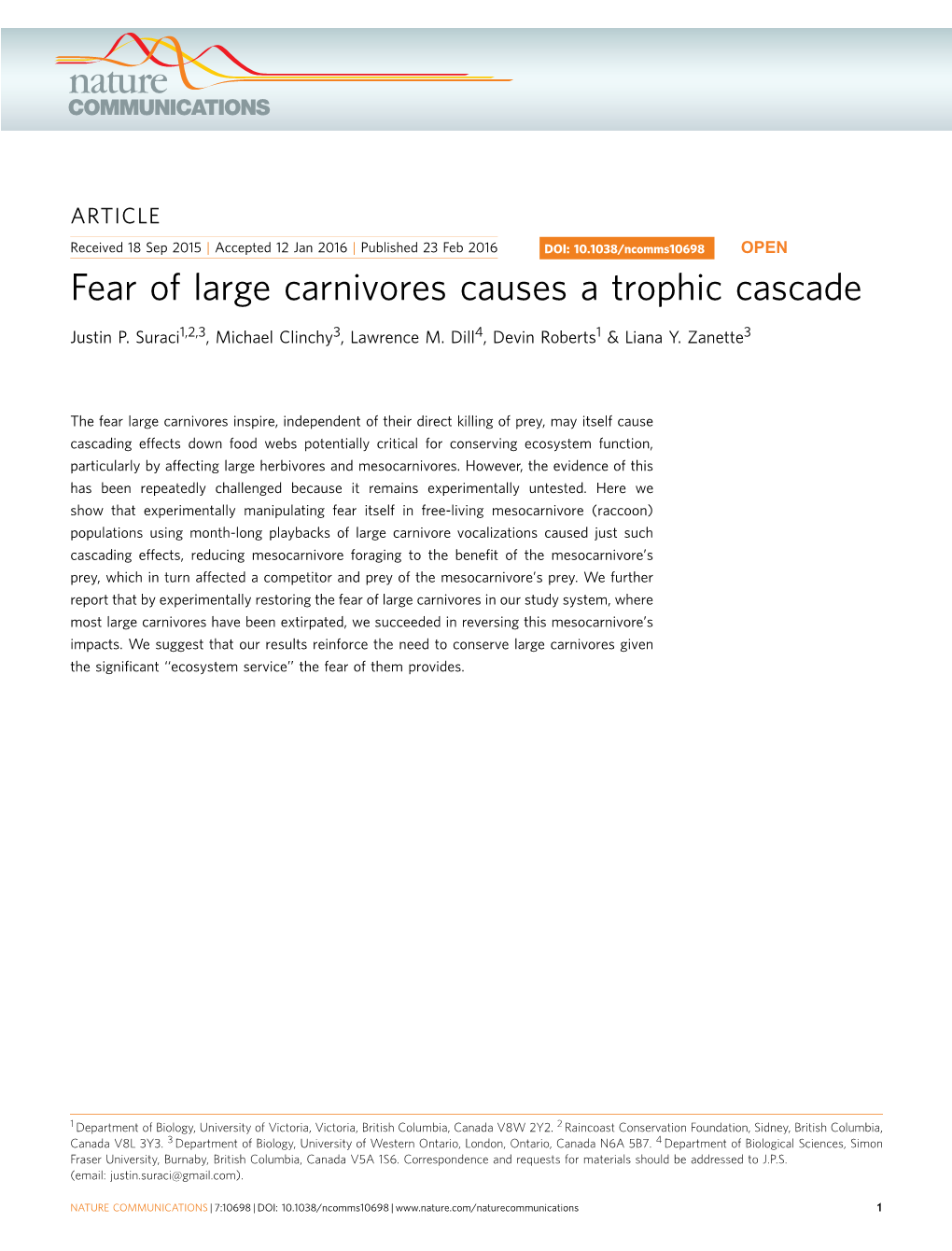 Fear of Large Carnivores Causes a Trophic Cascade