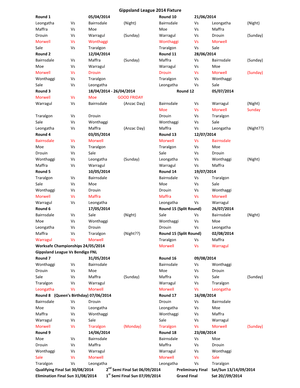 Gippsland League 2014 Fixture