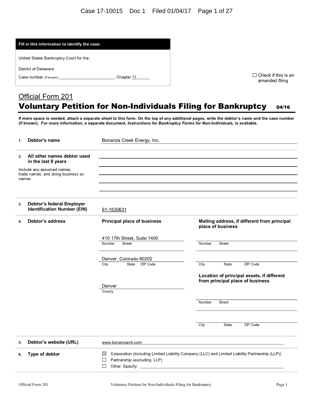 Voluntary Petition for Non-Individuals Filing for Bankruptcy 04/16