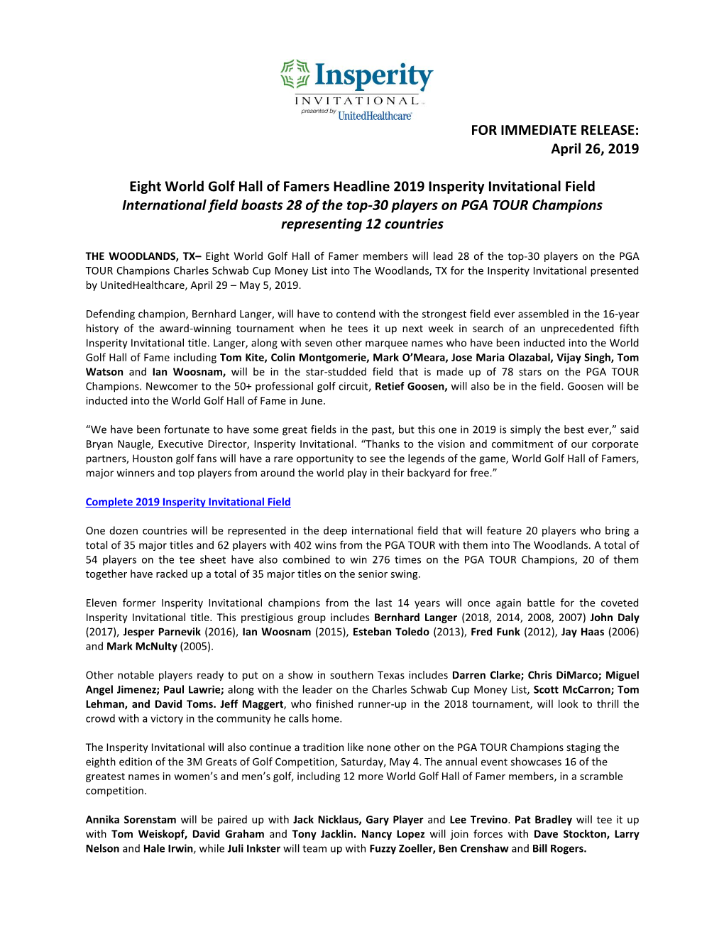 FOR IMMEDIATE RELEASE: April 26, 2019 Eight World Golf Hall Of