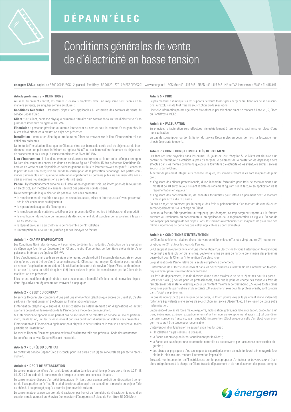 Conditions Générales De Vente De D'électricité En Basse Tension