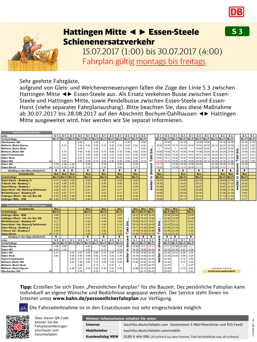 Hattingen Mitte Essen-Steele Schienenersatzverkehr 15.07.2017