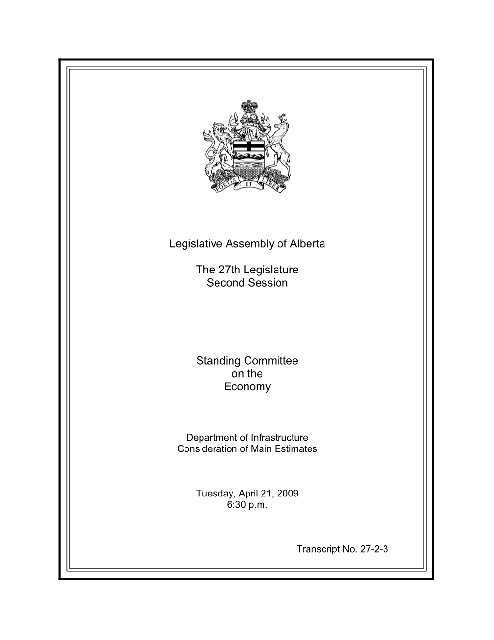 Legislative Assembly of Alberta the 27Th Legislature Second Session