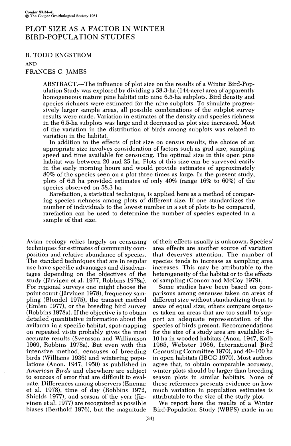 Plot Size As a Factor in Winter Bird-Population Studies