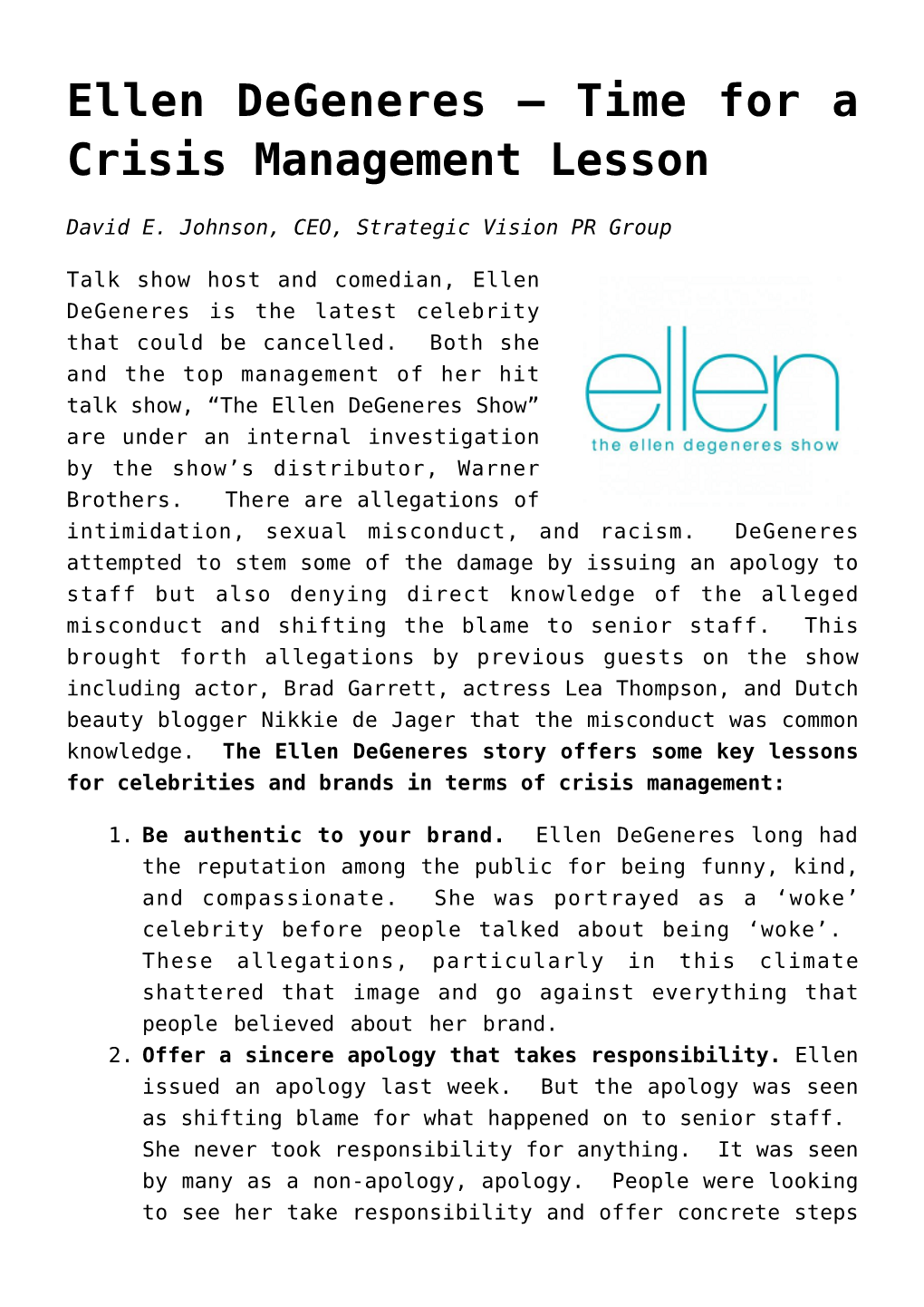 Ellen Degeneres — Time for a Crisis Management Lesson