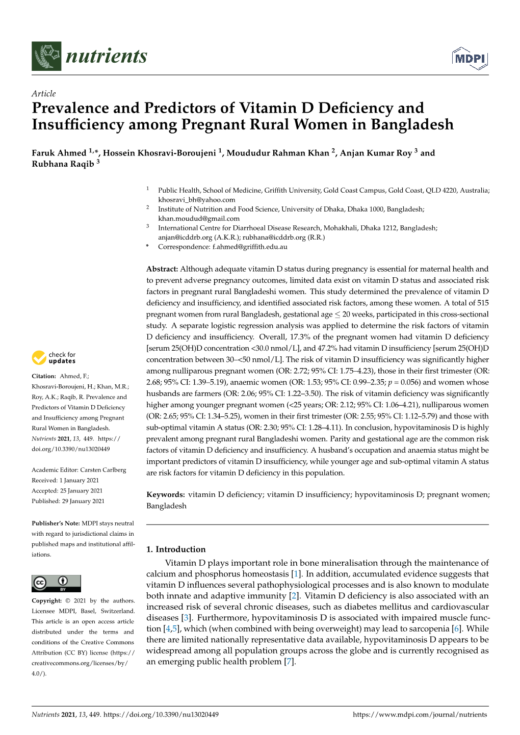 Prevalence and Predictors of Vitamin D Deficiency and Insufficiency