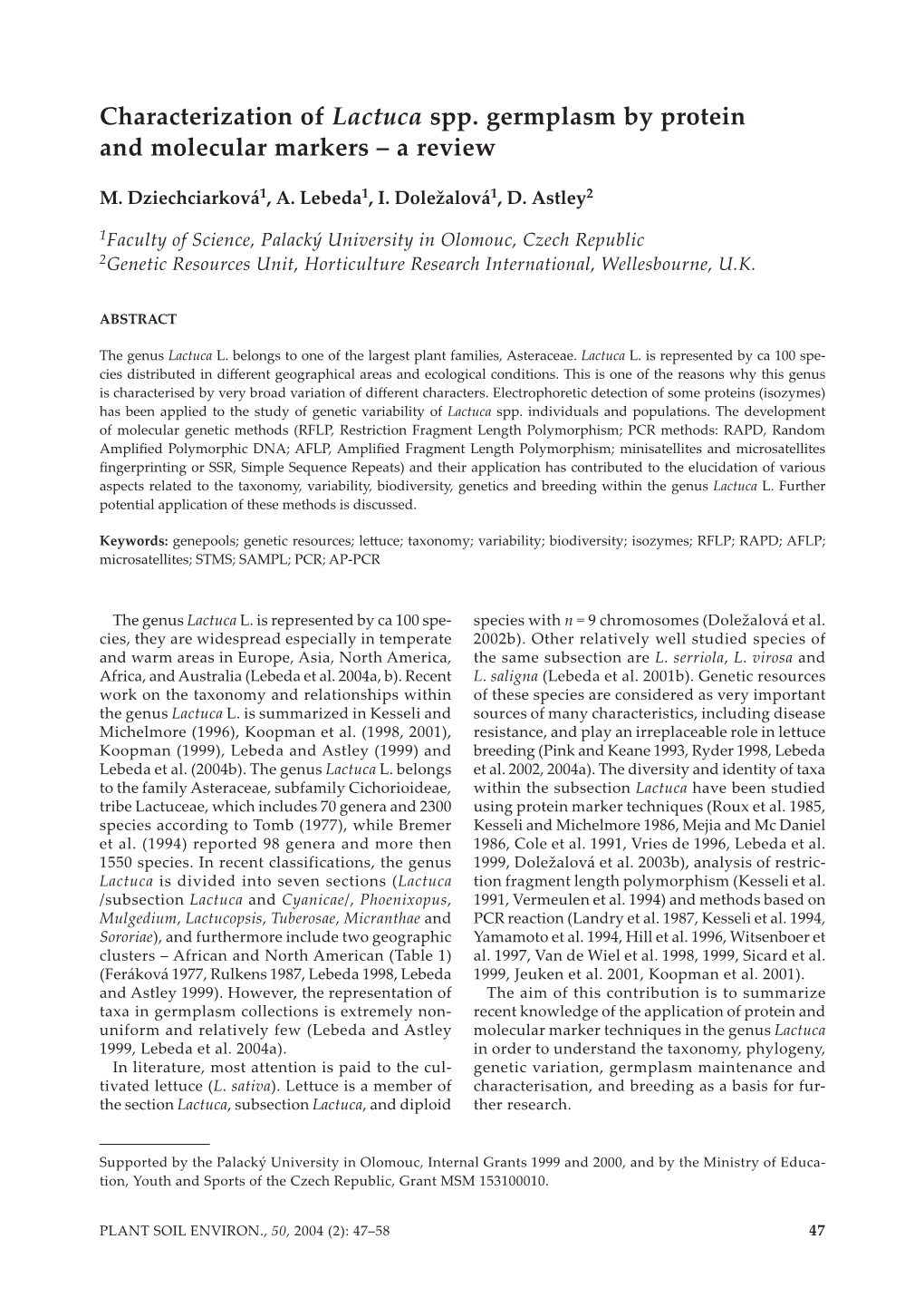 Characterization of Lactuca Spp. Germplasm by Protein and Molecular Markers – a Review