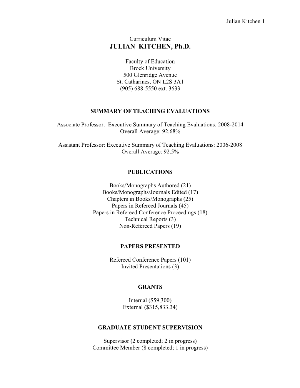 Julian Kitchen 1 Curriculum Vitae