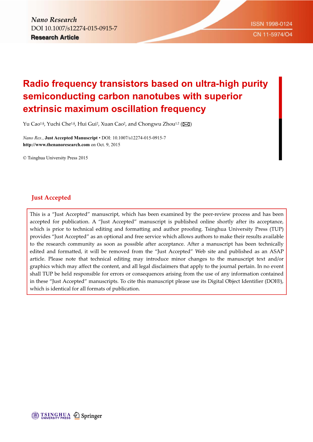 Radio Frequency Transistors Based on Ultra-High Purity Semiconducting Carbon Nanotubes with Superior Extrinsic Maximum Oscillation Frequency