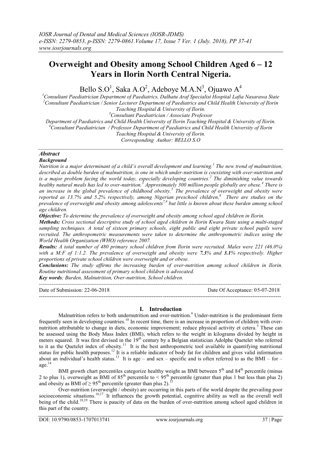 Overweight and Obesity Among School Children Aged 6 – 12 Years in Ilorin North Central Nigeria