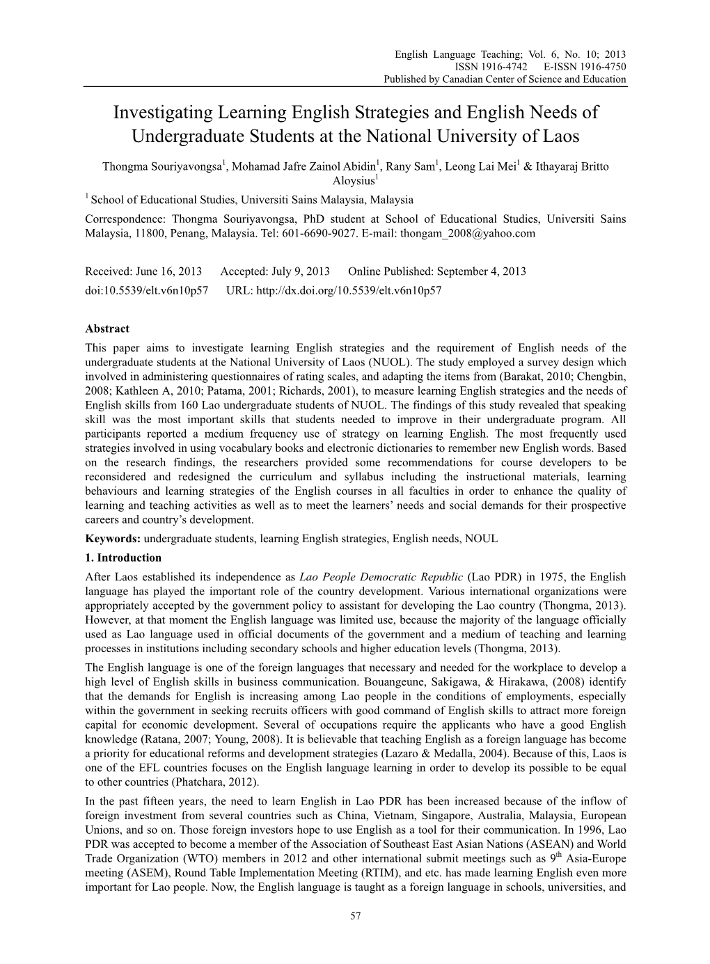 Investigating Learning English Strategies and English Needs of Undergraduate Students at the National University of Laos