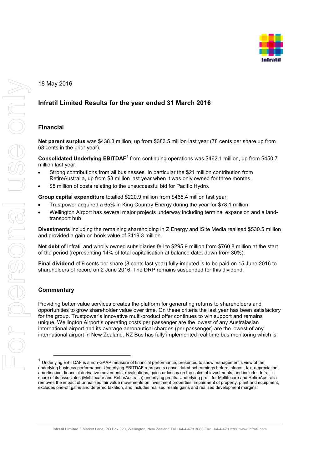 Infratil Limited Results for the Year Ended 31 March 2016