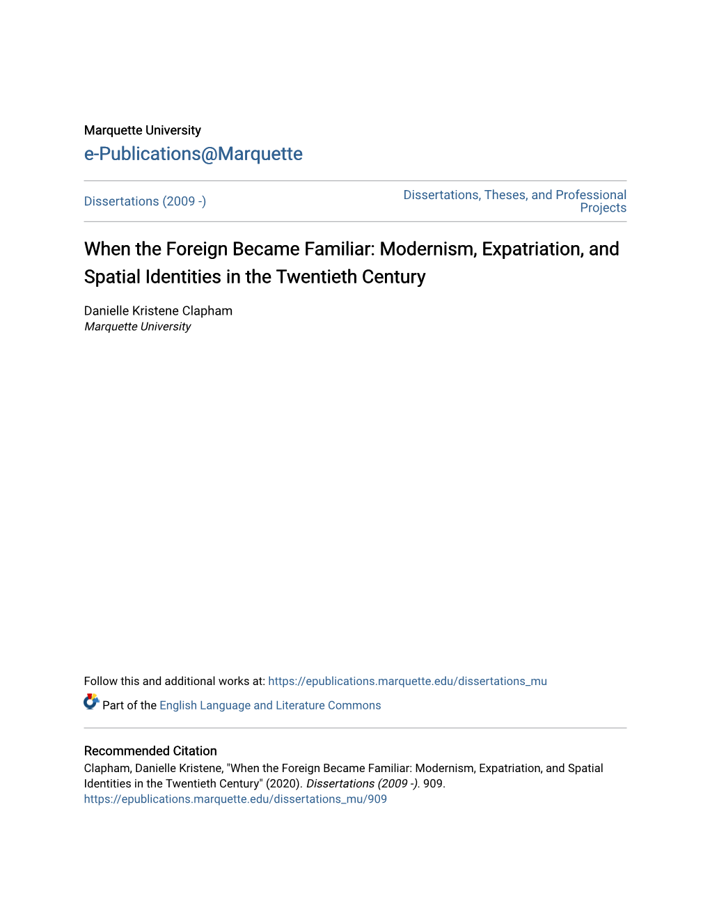 When the Foreign Became Familiar: Modernism, Expatriation, and Spatial Identities in the Twentieth Century