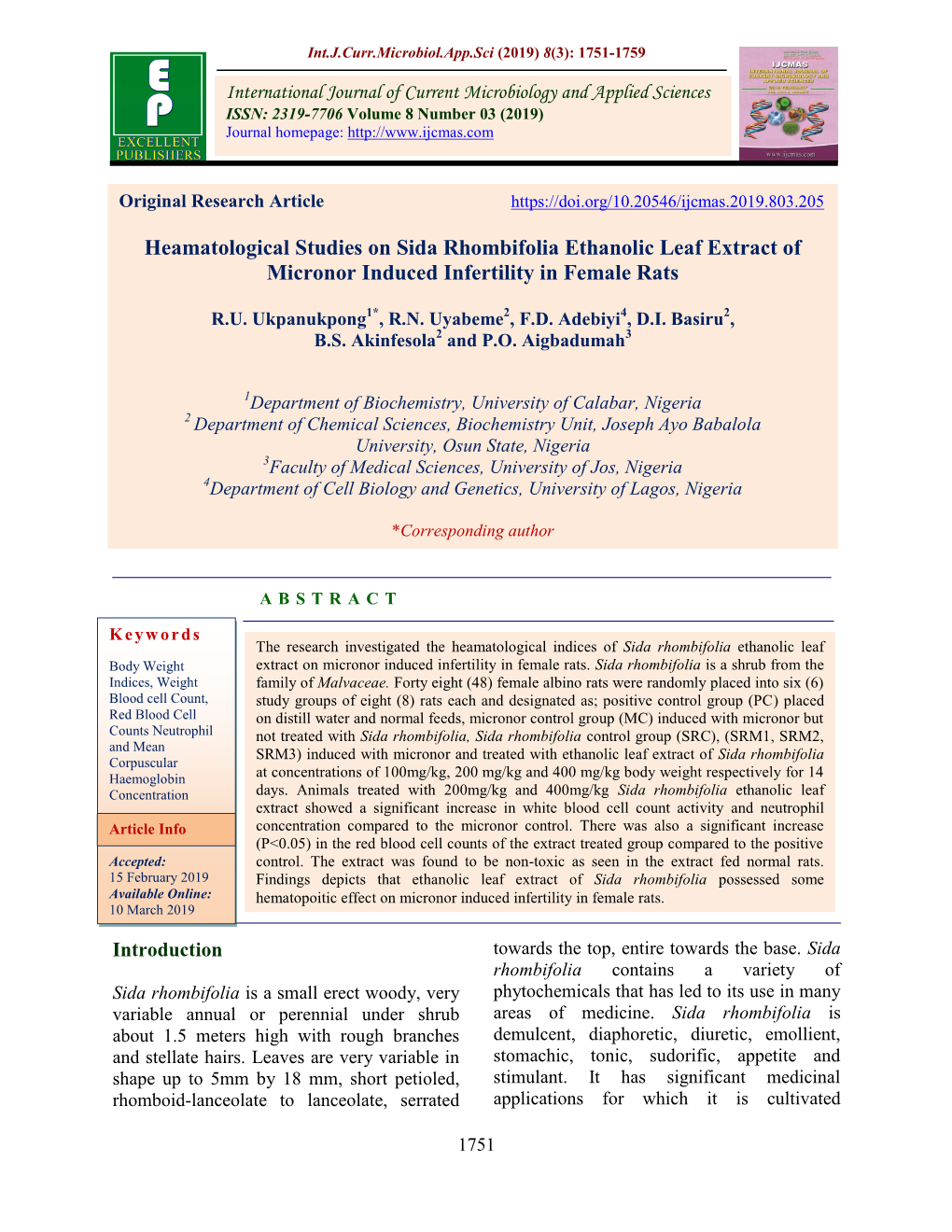 Heamatological Studies on Sida Rhombifolia Ethanolic Leaf Extract of Micronor Induced Infertility in Female Rats