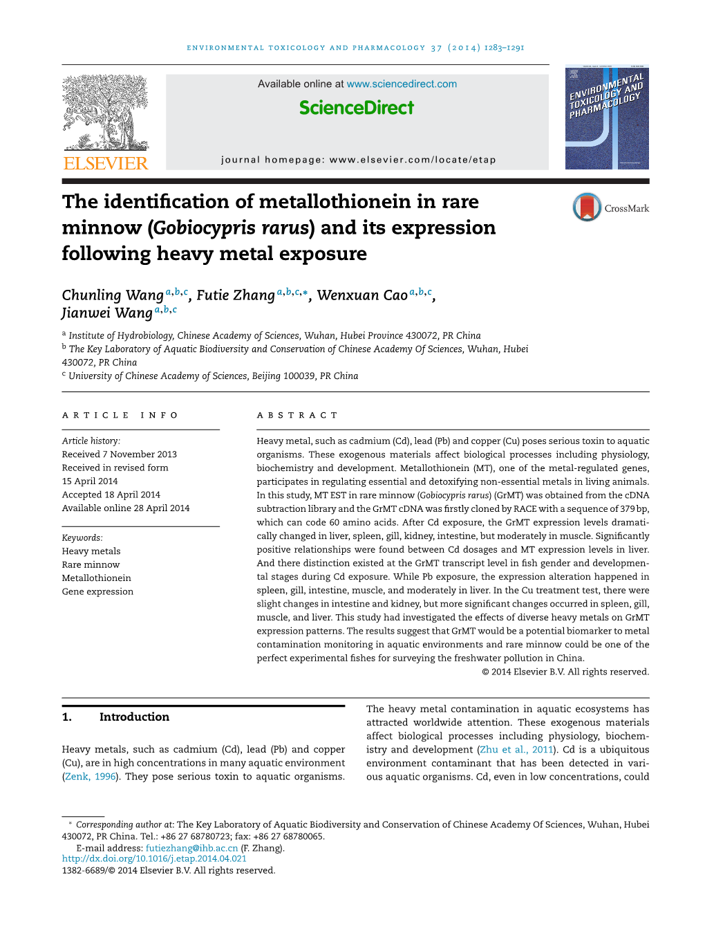 The Identification of Metallothionein in Rare Minnow (Gobiocypris Rarus