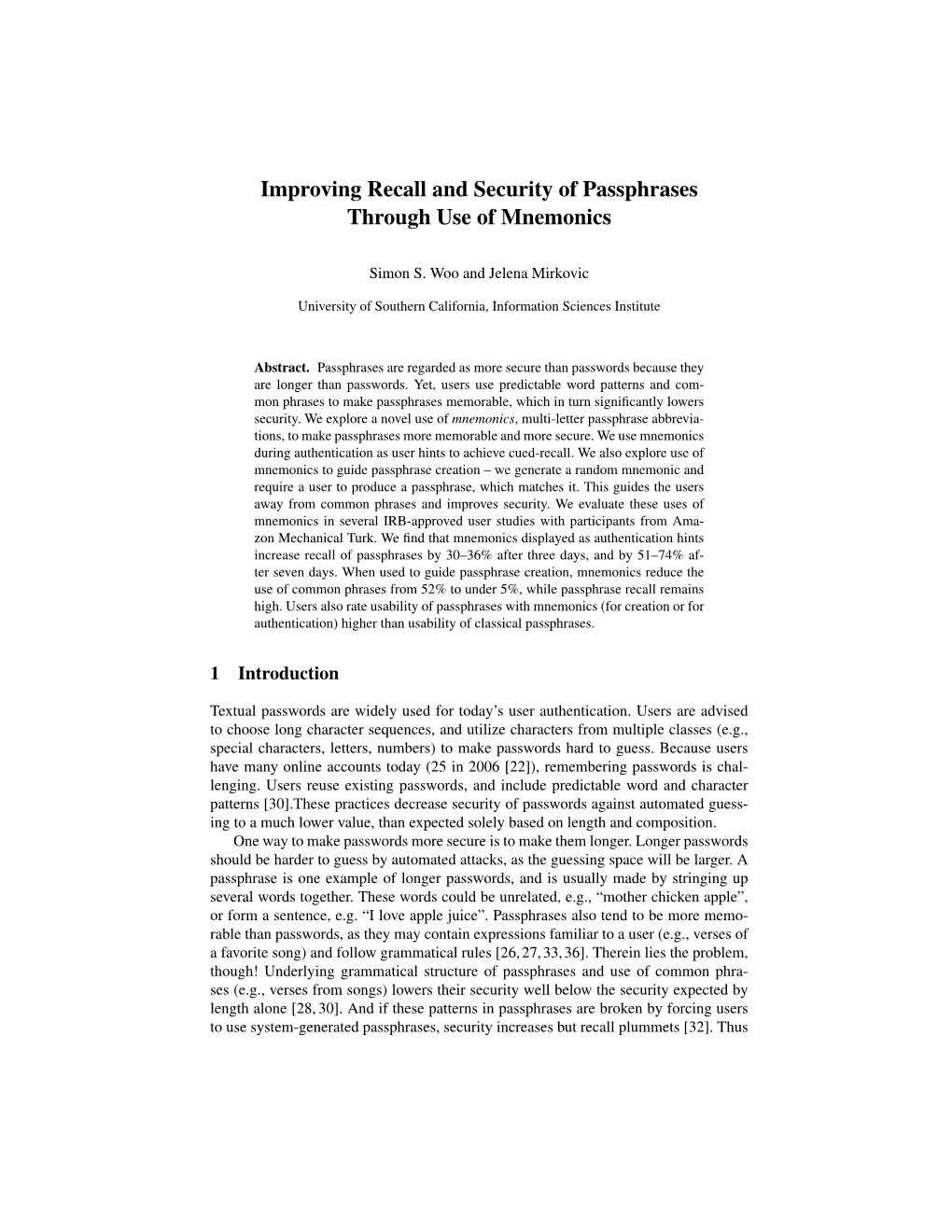 Improving Recall and Security of Passphrases Through Use of Mnemonics