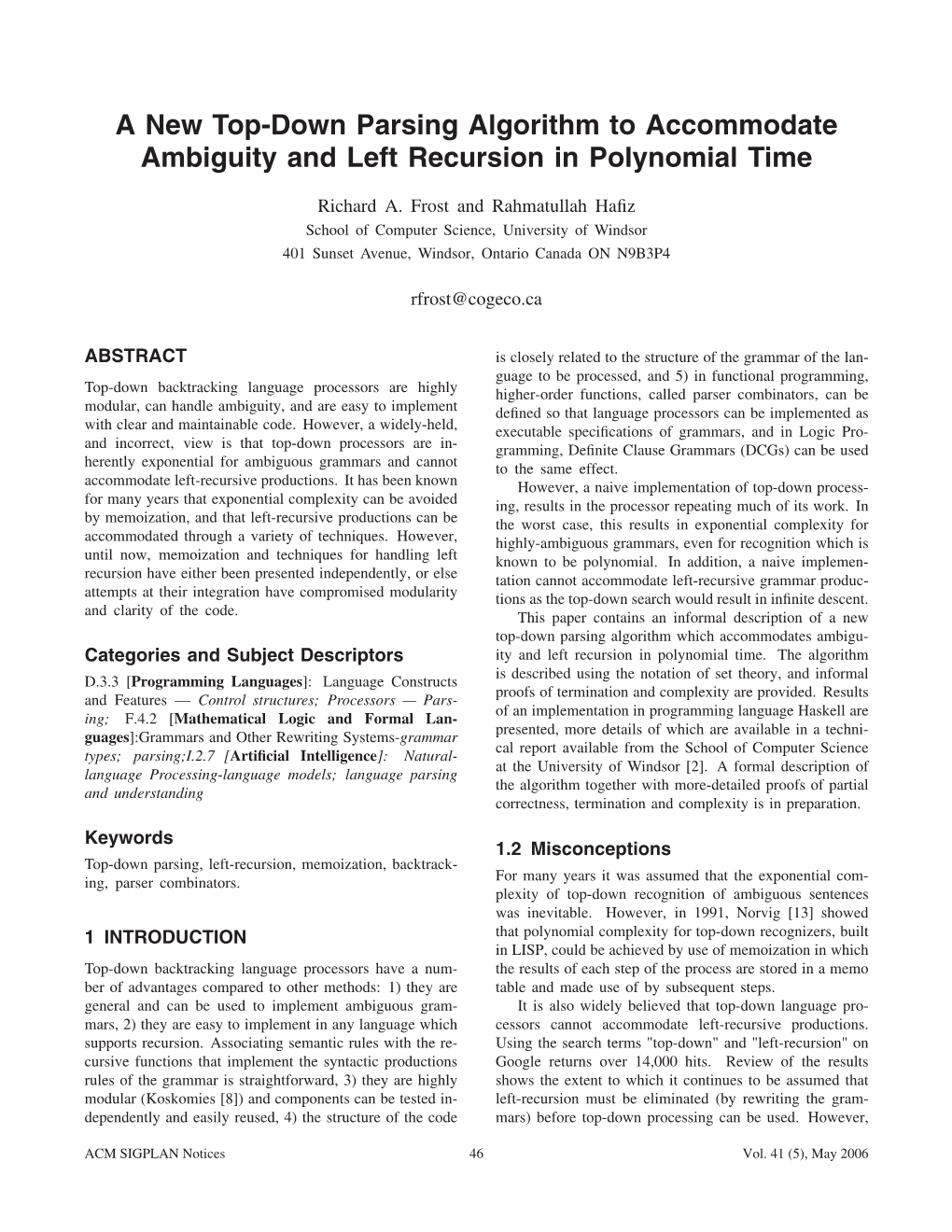 A New Top-Down Parsing Algorithm to Accommodate Ambiguity and Left Recursion in Polynomial Time