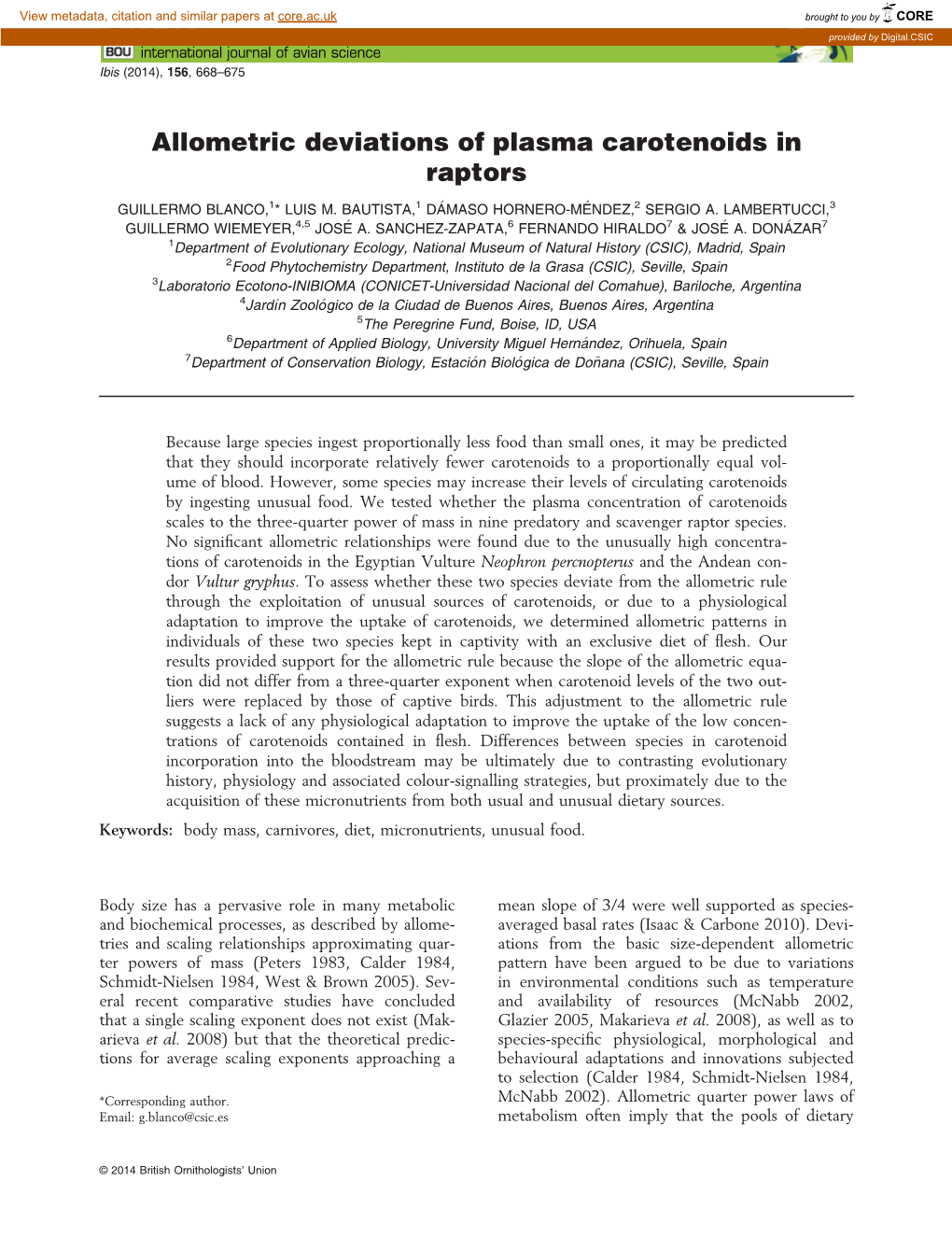 Allometric Deviations of Plasma Carotenoids in Raptors