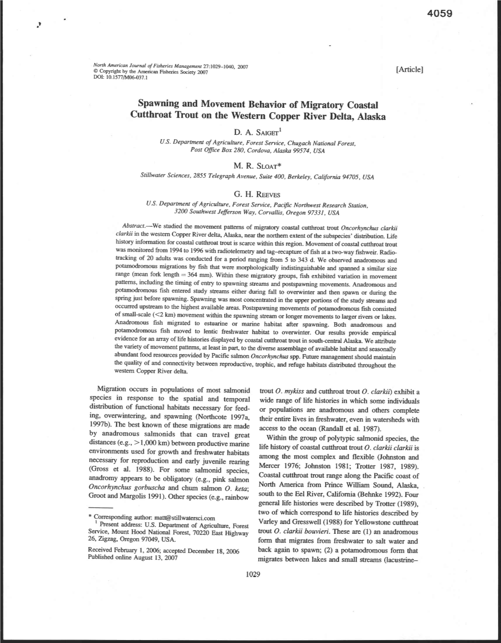 Spawning and Movement Behavior of Migratory Coastal Cutthroat Trout on the Western Copper River Delta, Alaska