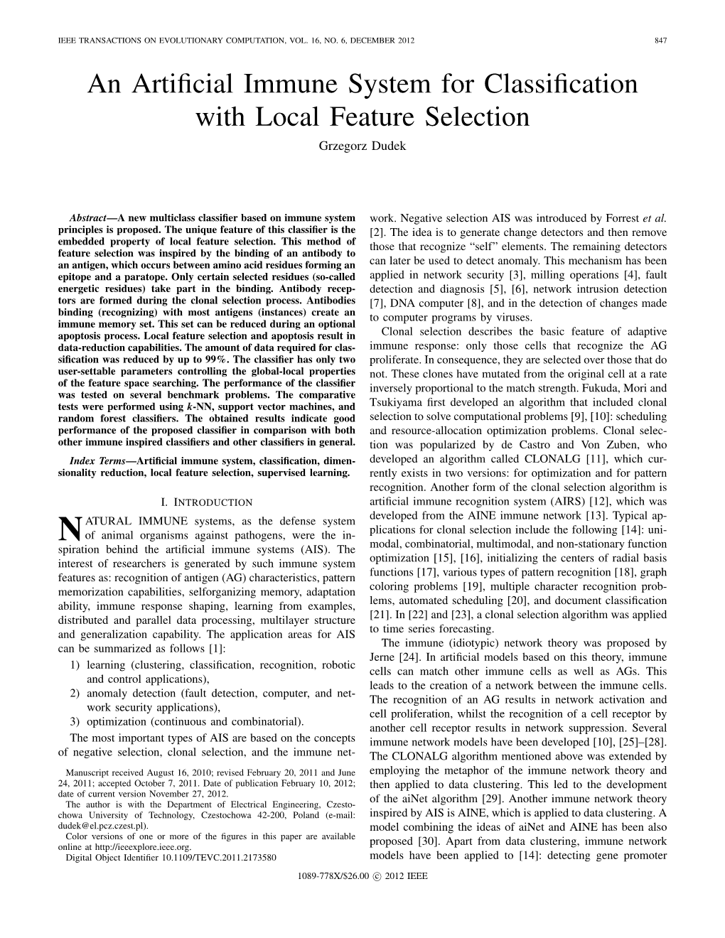 An Artificial Immune System for Classification with Local Feature