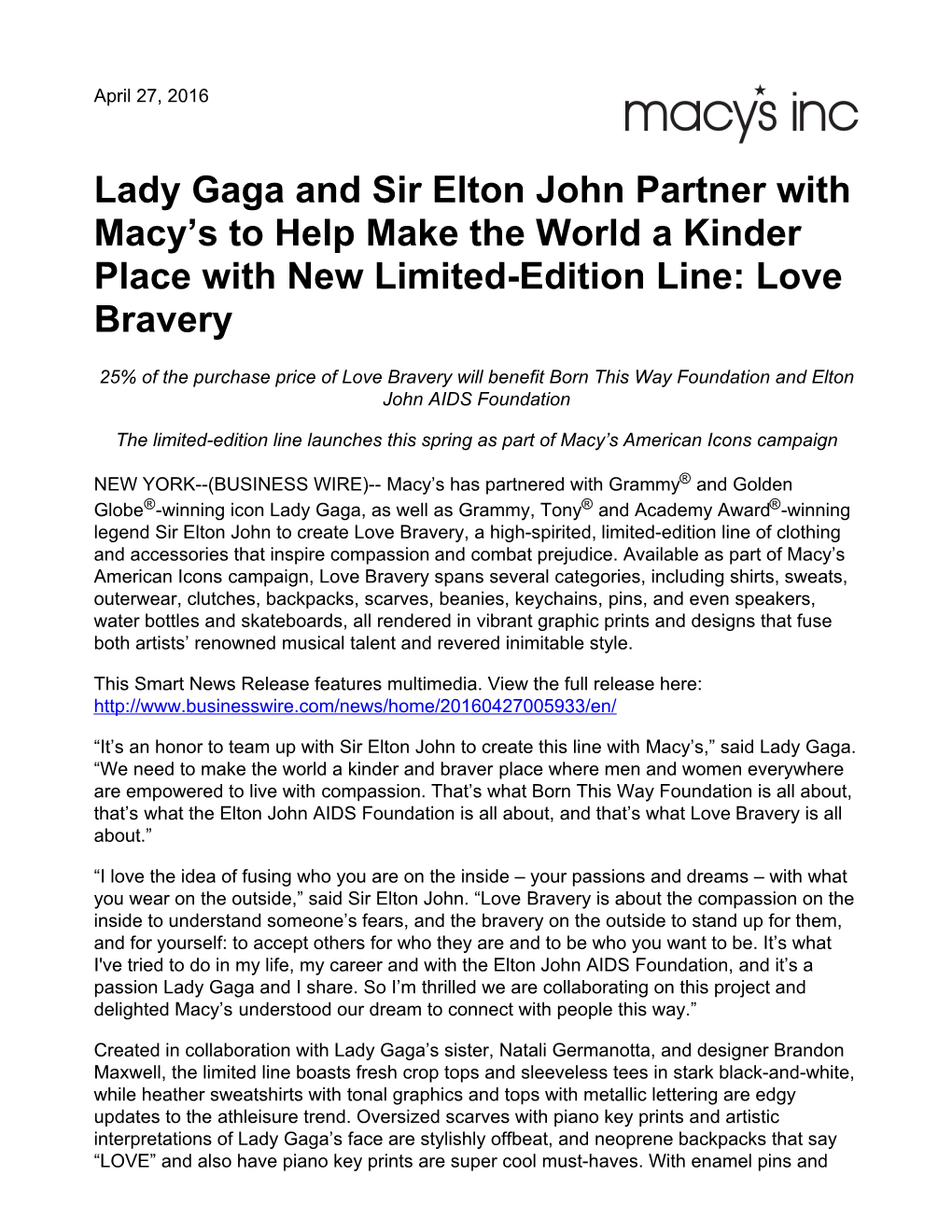 Lady Gaga and Sir Elton John Partner with Macy's To