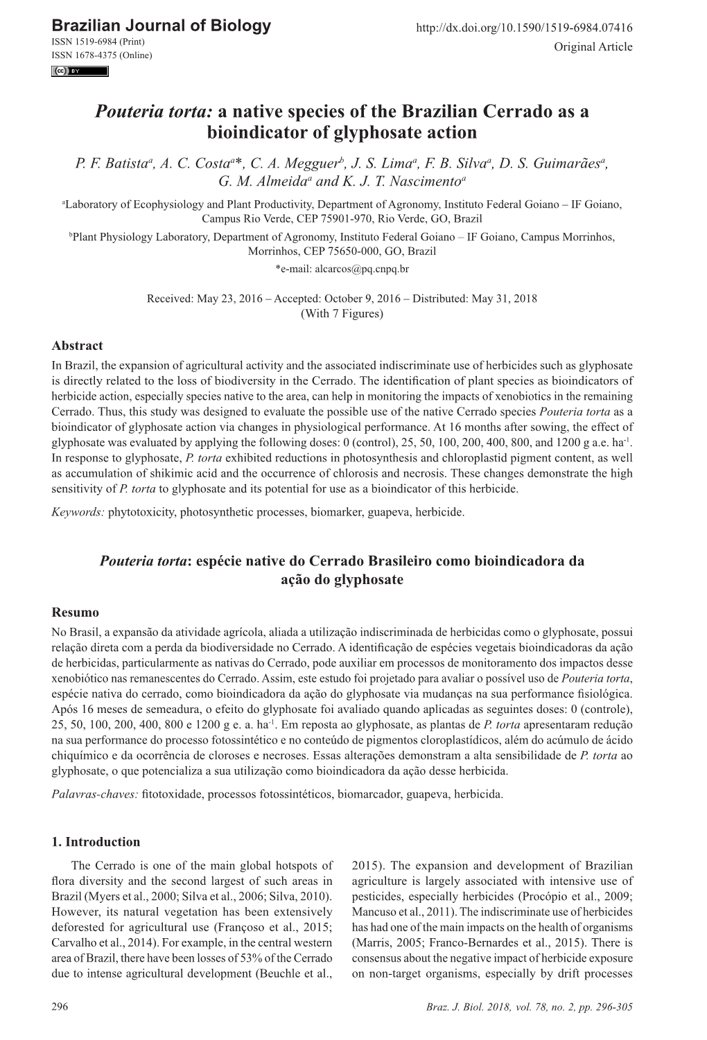 Pouteria Torta: a Native Species of the Brazilian Cerrado As a Bioindicator of Glyphosate Action P