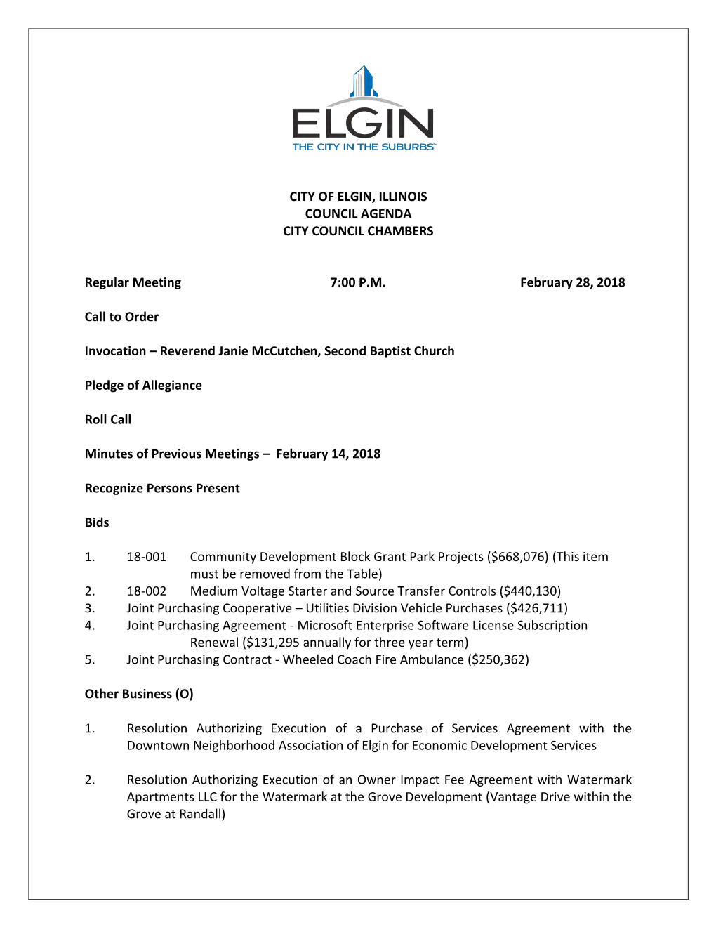 City of Elgin, Illinois Council Agenda City Council Chambers