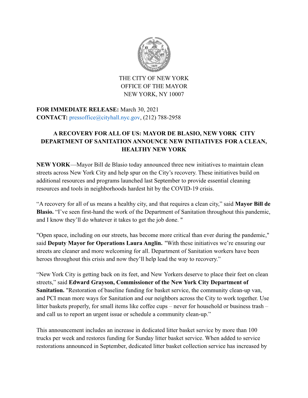 A Recovery for All of Us: Mayor De Blasio, New York City Department of Sanitation Announce New Initiatives for a Clean, Healthy New York