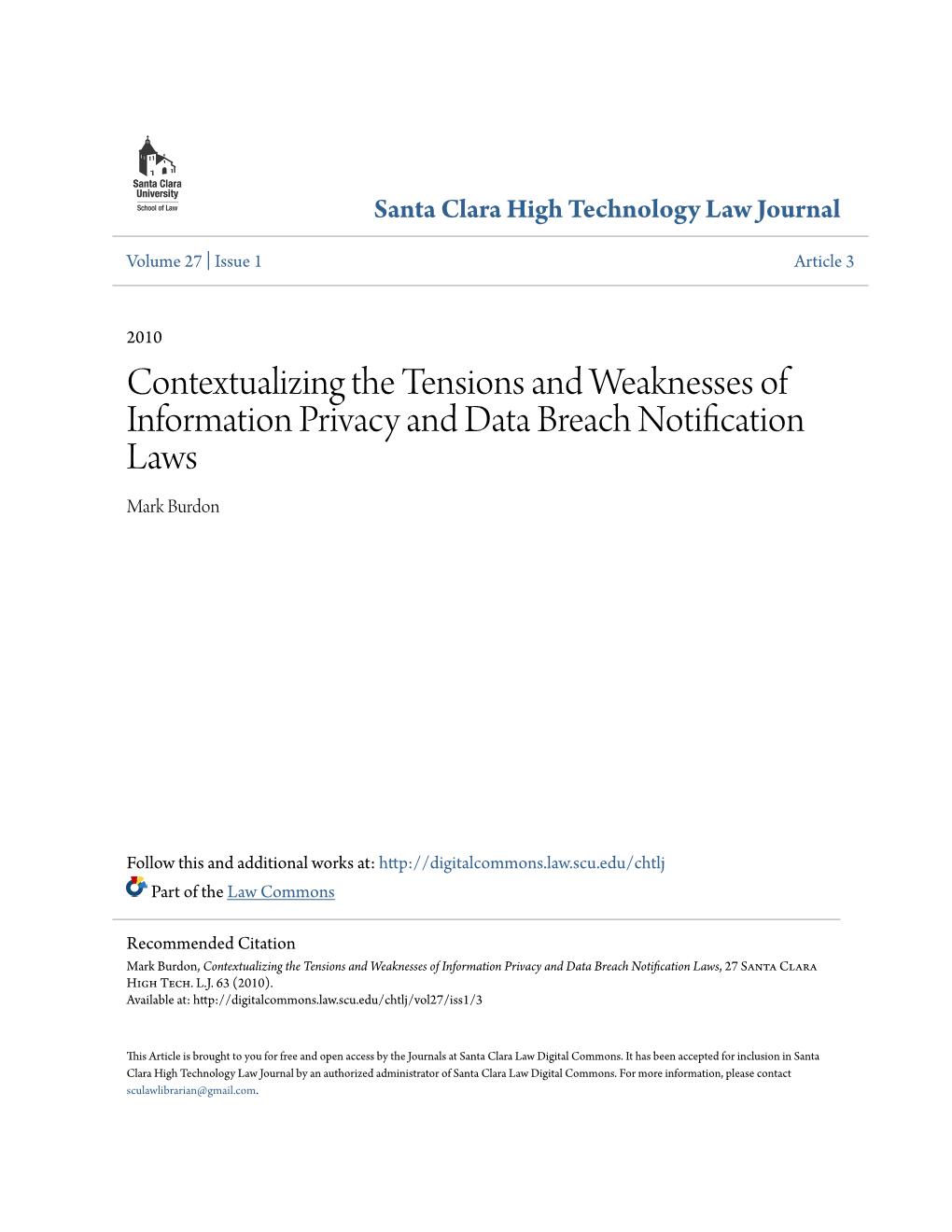 Contextualizing the Tensions and Weaknesses of Information Privacy and Data Breach Notification Laws Mark Burdon