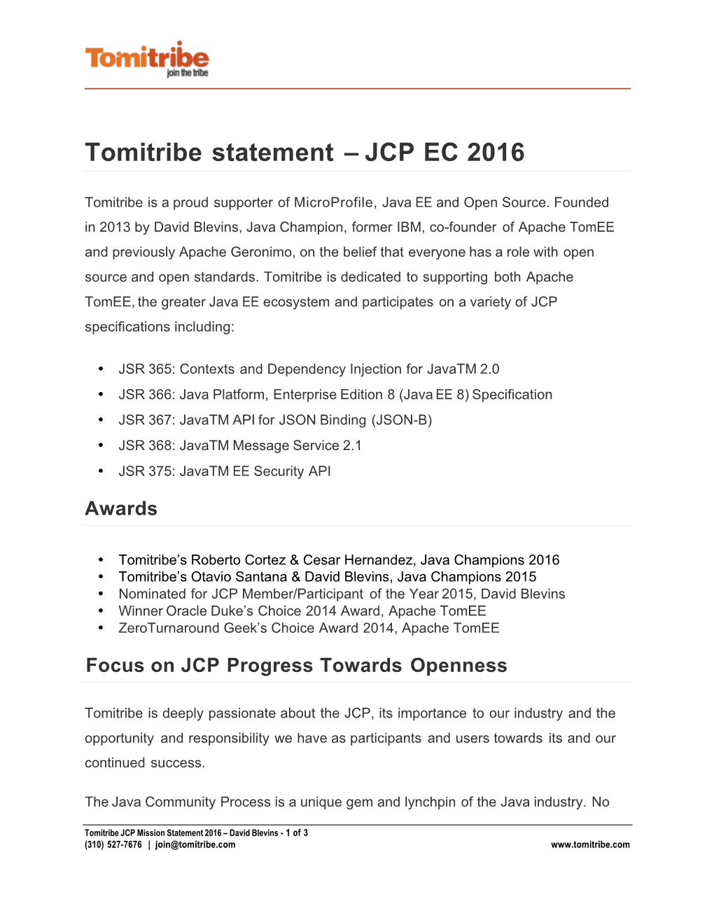 Tomitribe Position Statement