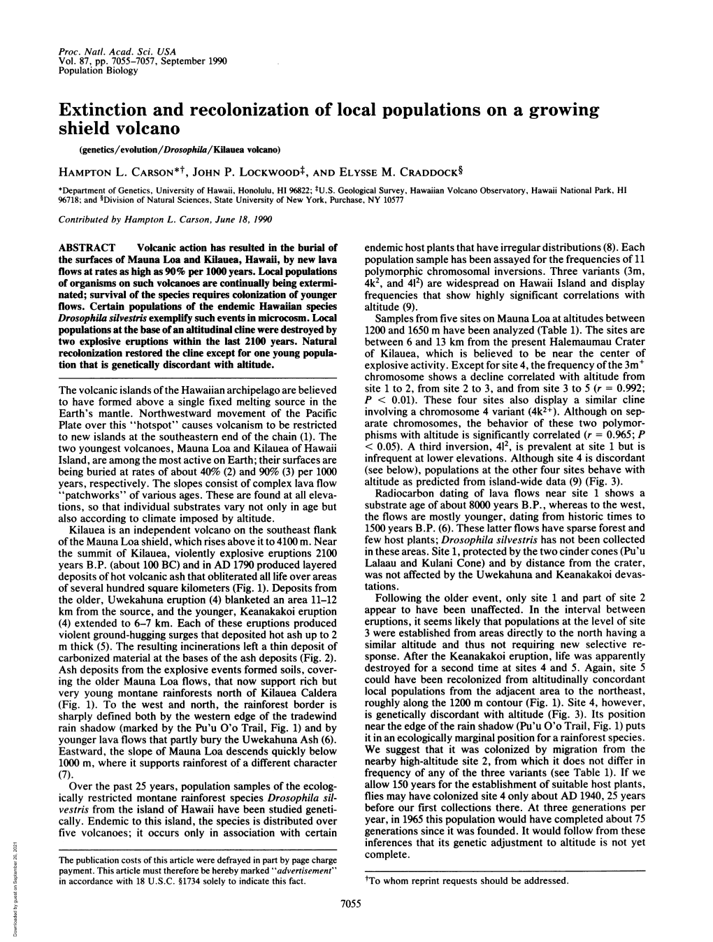 Extinction and Recolonization of Local Populations on a Growing Shield Volcano (Genetics/Evolution/Drosophila/Kilauea Volcano) HAMPTON L