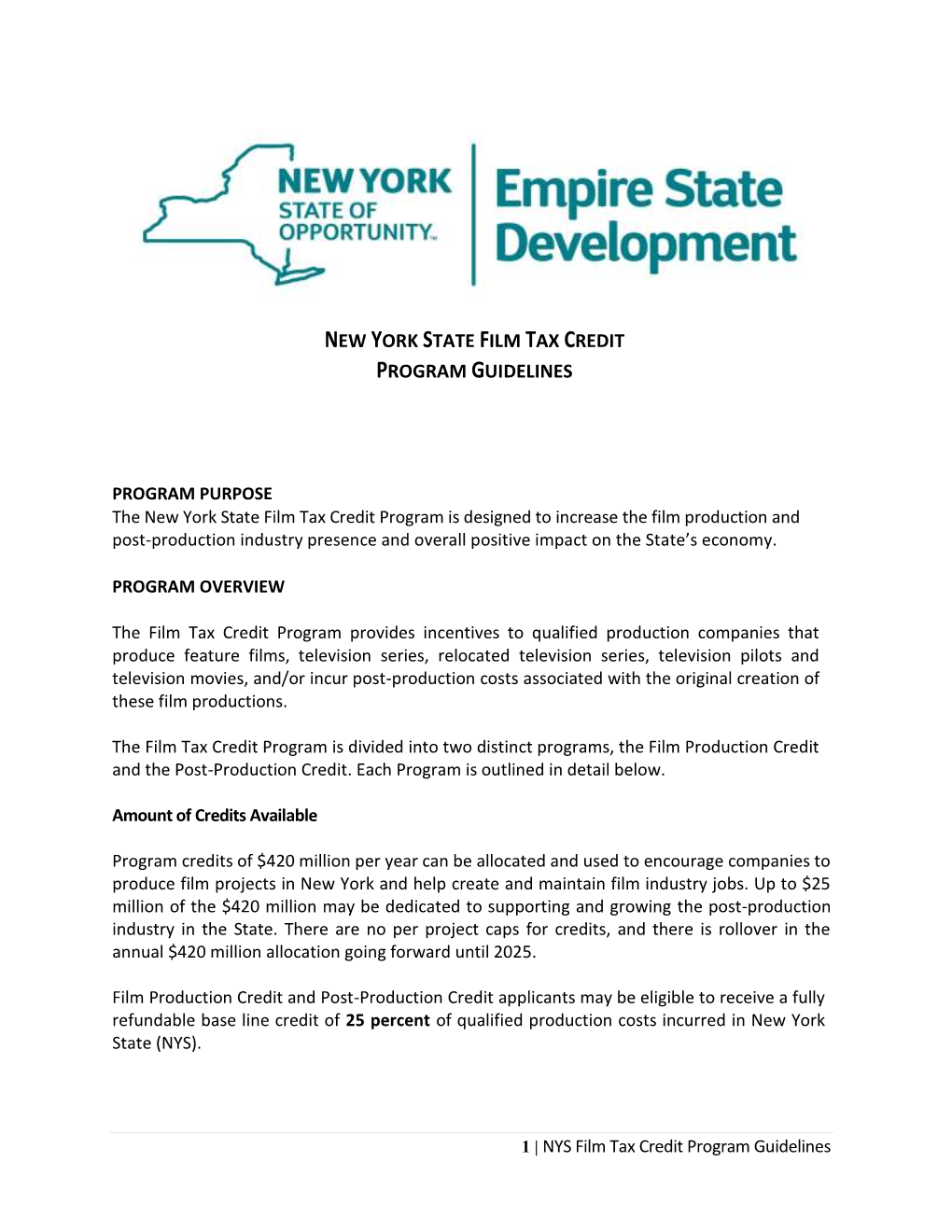 New York State Film Tax Credit Program Guidelines