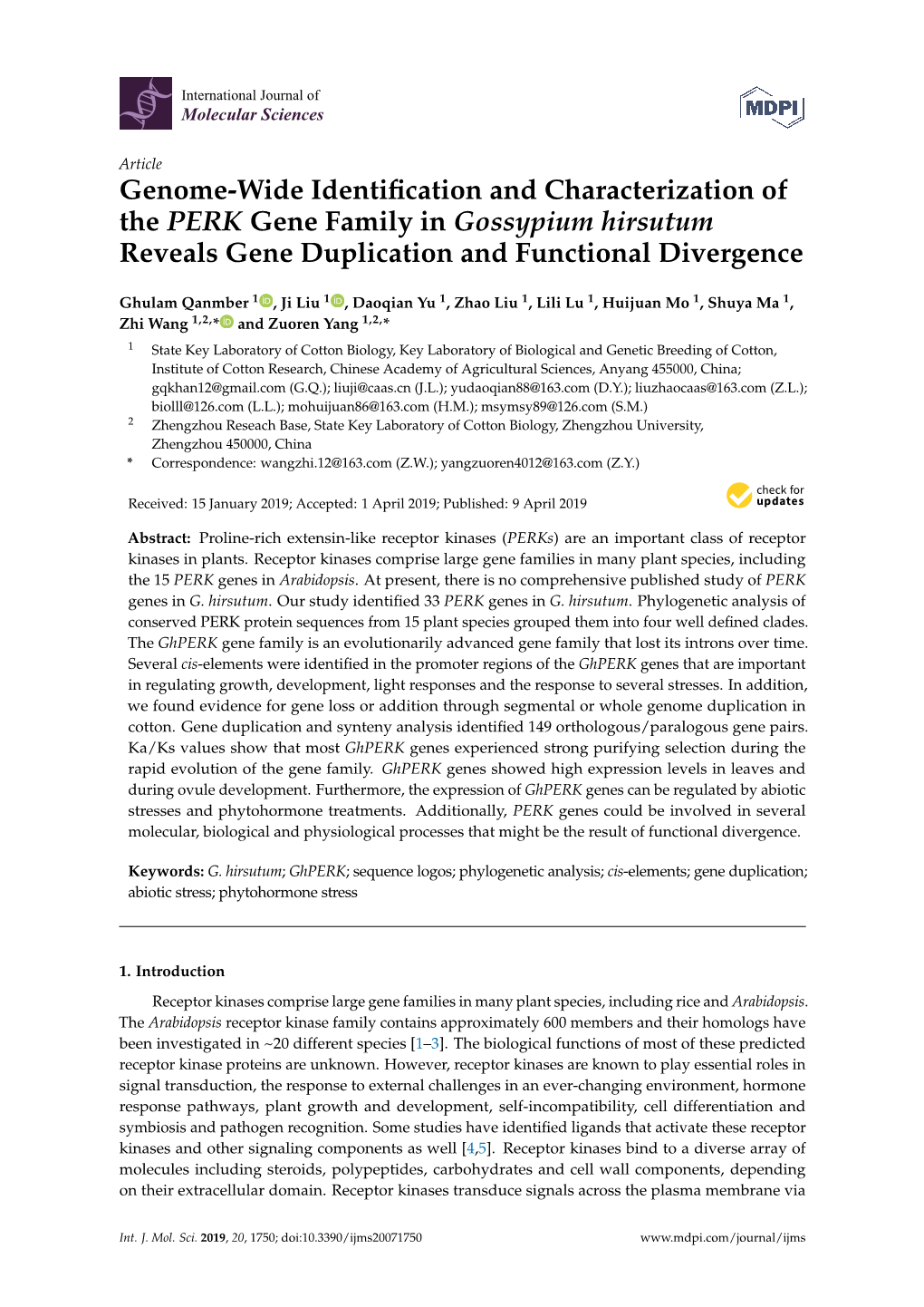 Genome-Wide Identification and Characterization of the PERK Gene Family in Gossypium Hirsutum Reveals Gene Duplication and Funct