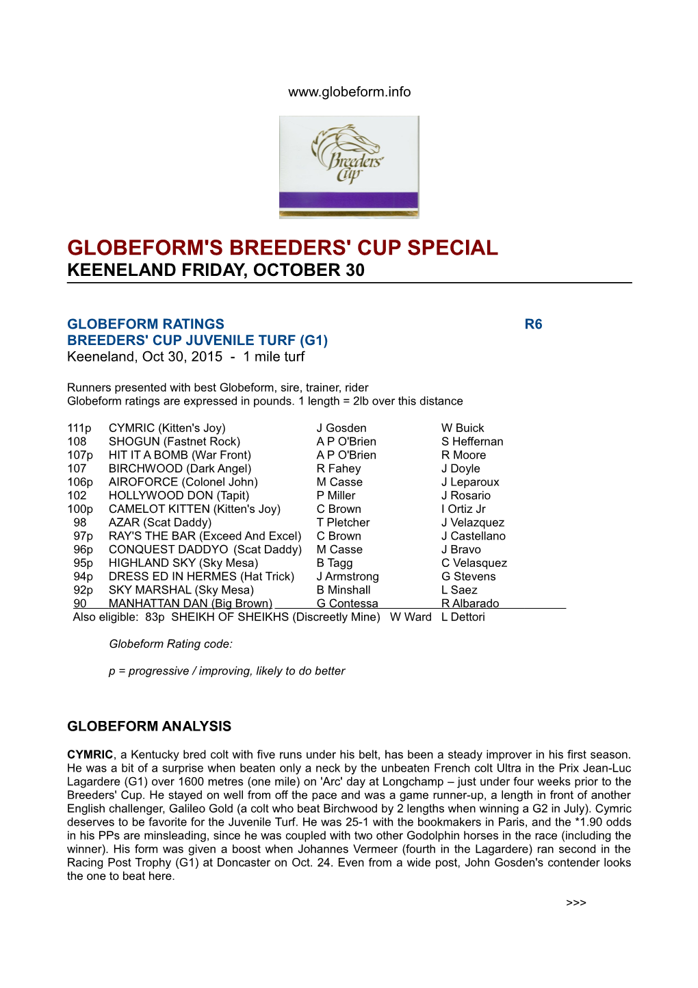 Globeform's Breeders' Cup Special Keeneland Friday, October 30