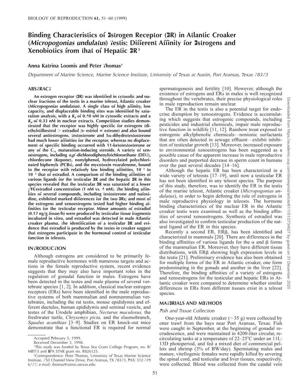 Binding Characteristics of Estrogen Receptor (ER) in Atlantic Croaker