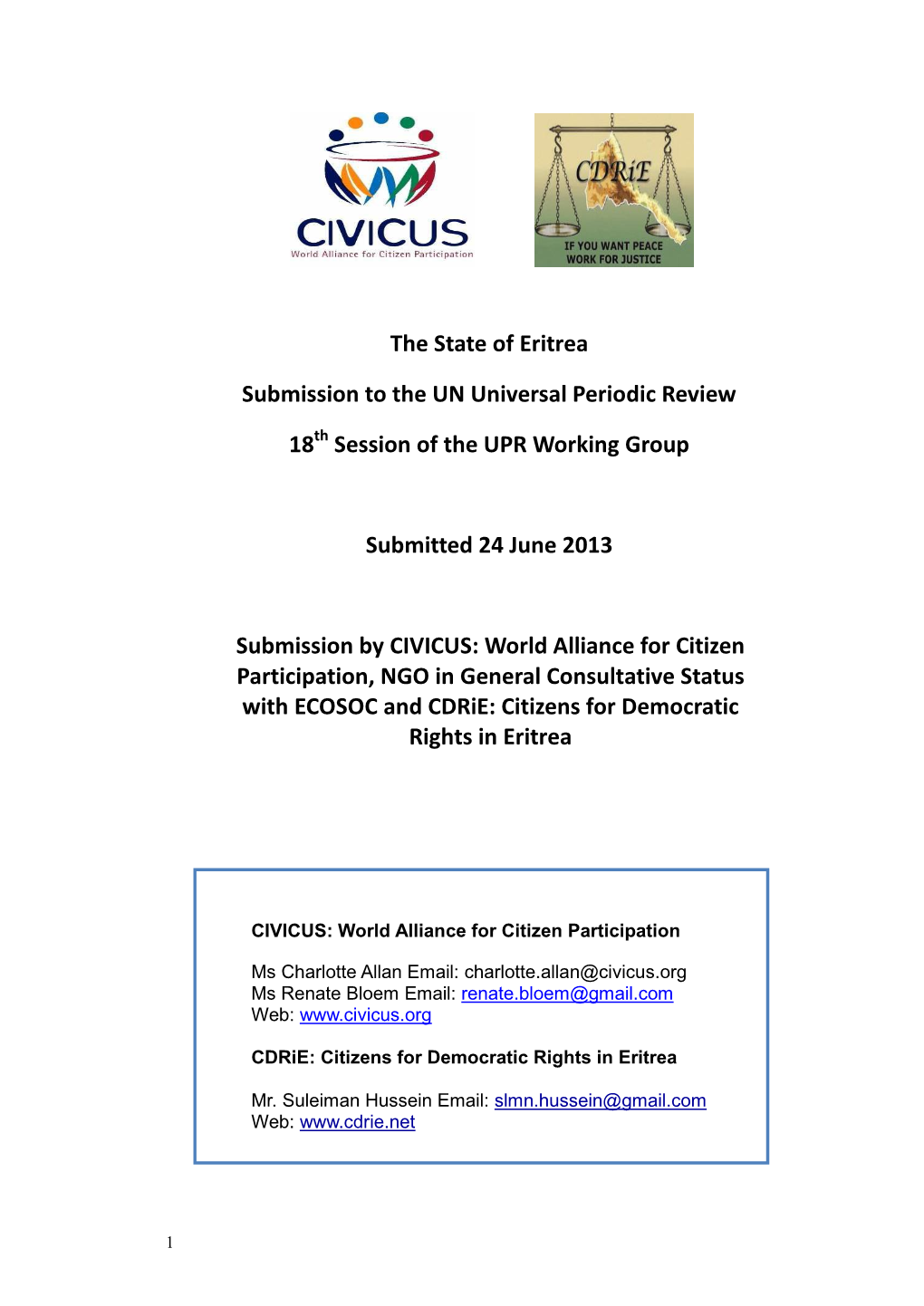 The State of Eritrea Submission to the UN Universal Periodic Review 18