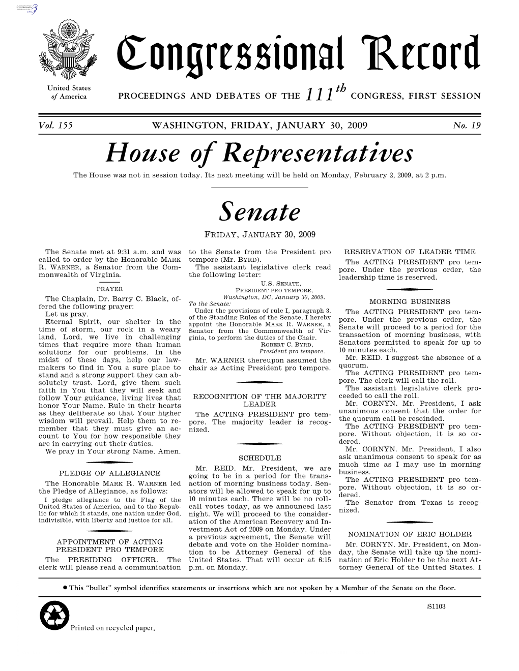 Congressional Record United States Th of America PROCEEDINGS and DEBATES of the 111 CONGRESS, FIRST SESSION