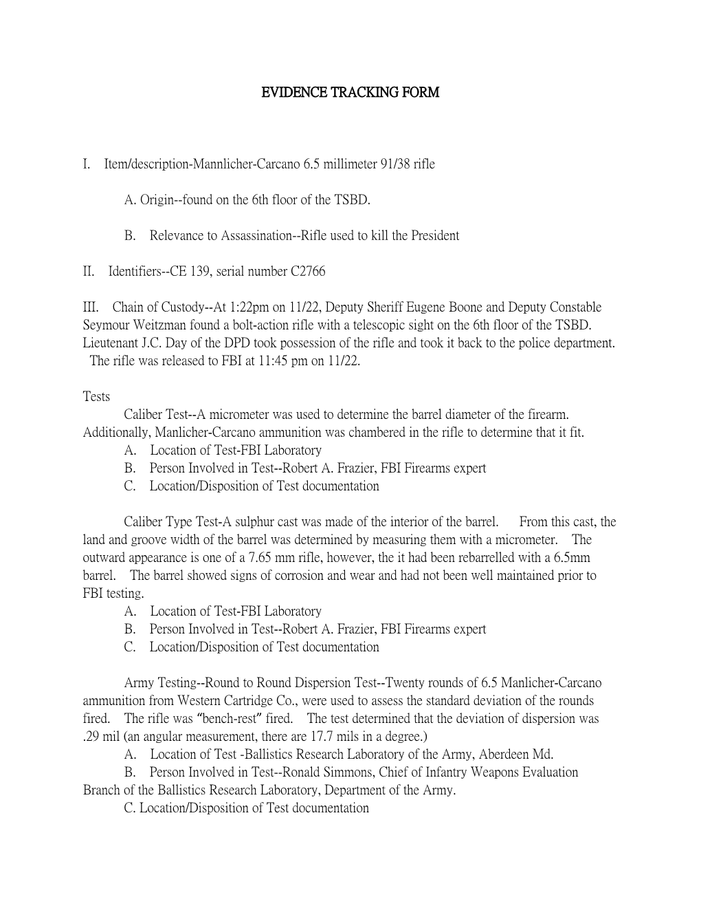 EVIDENCE TRACKING FORM I. Item/Description-Mannlicher