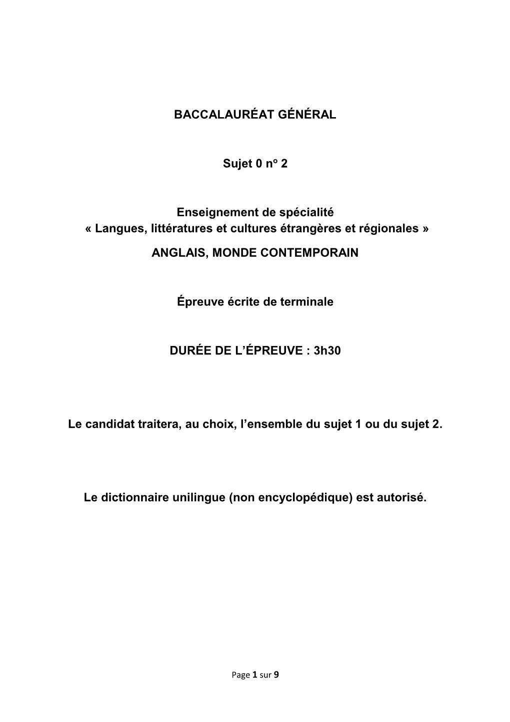 BACCALAURÉAT GÉNÉRAL Sujet 0 No 2