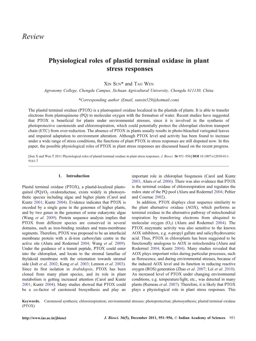 Physiological Roles of Plastid Terminal Oxidase in Plant Stress Responses