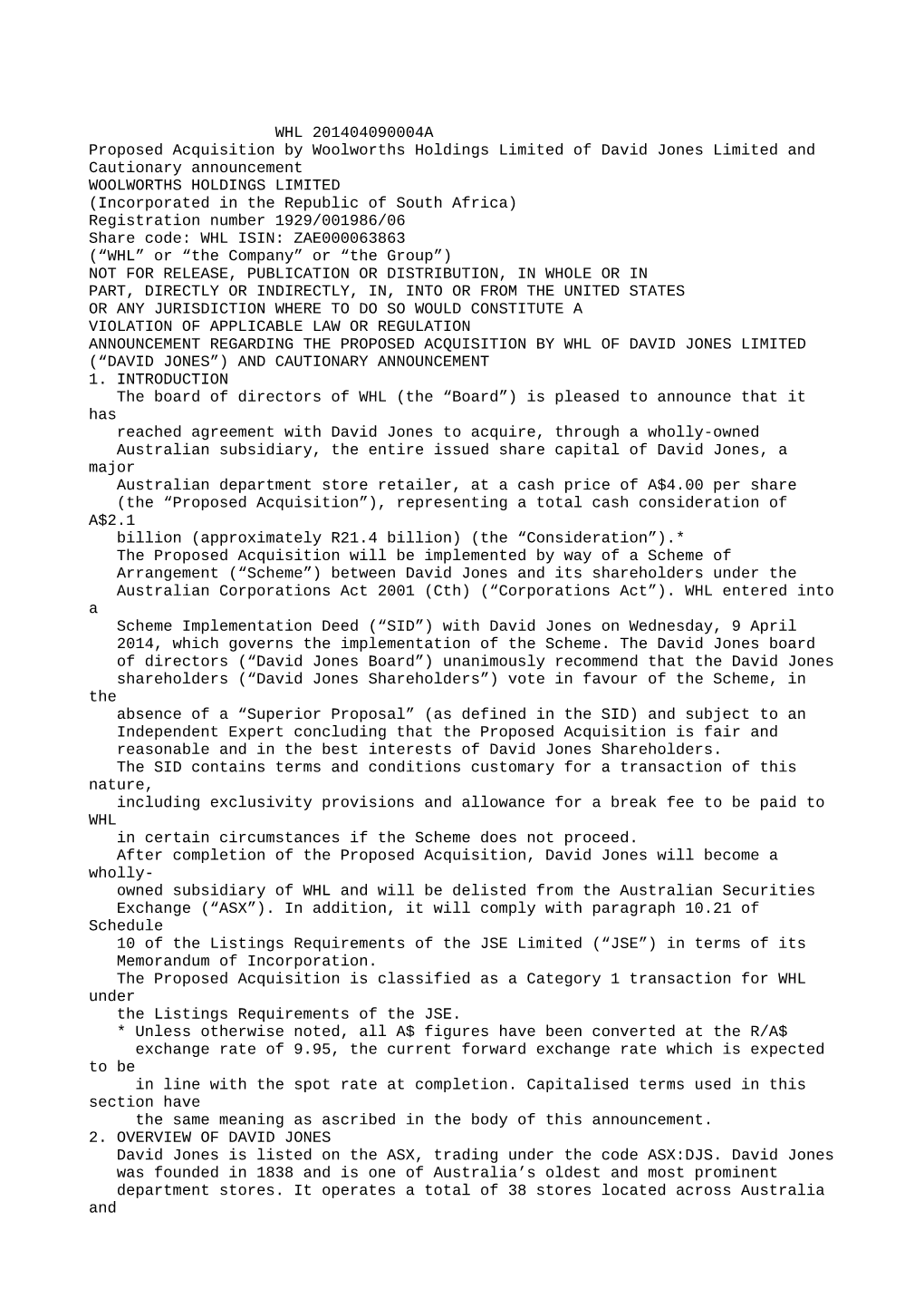 WHL 201404090004A Proposed Acquisition by Woolworths Holdings