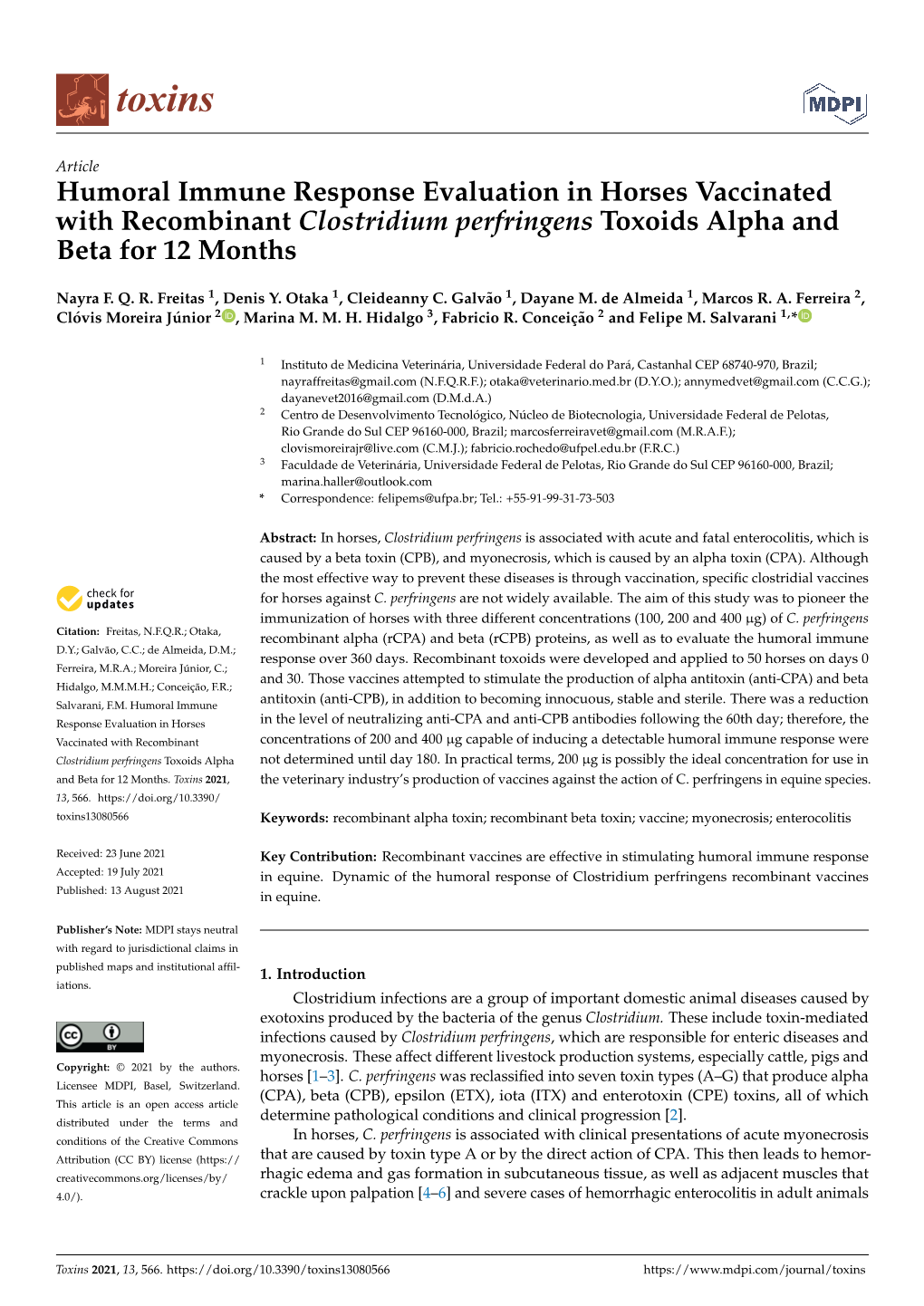 Humoral Immune Response Evaluation in Horses Vaccinated with Recombinant Clostridium Perfringens Toxoids Alpha and Beta for 12 Months