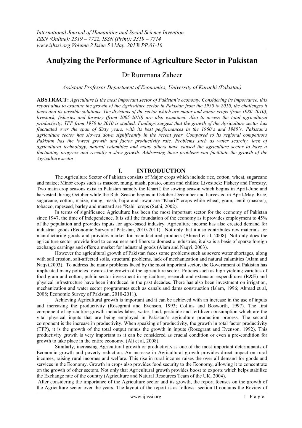 Analyzing the Performance of Agriculture Sector in Pakistan Dr Rummana Zaheer