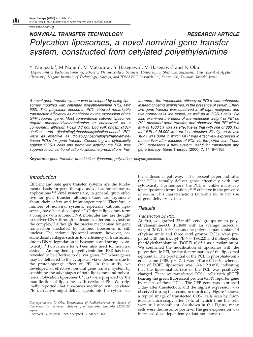 Polycation Liposomes, a Novel Nonviral Gene Transfer System, Constructed from Cetylated Polyethylenimine