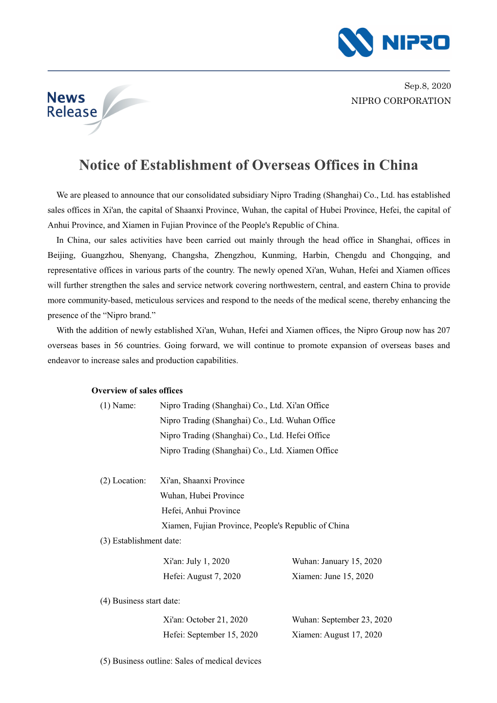 Notice of Establishment of Overseas Offices in China