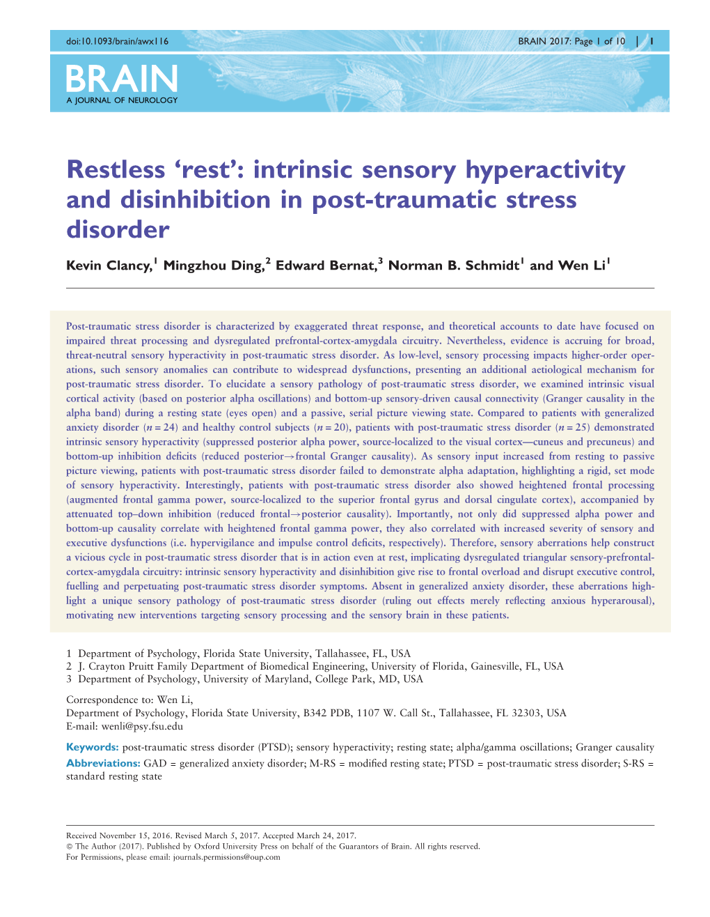 Restless 'Rest': Intrinsic Sensory Hyperactivity and Disinhibition in Post-Traumatic Stress Disorder
